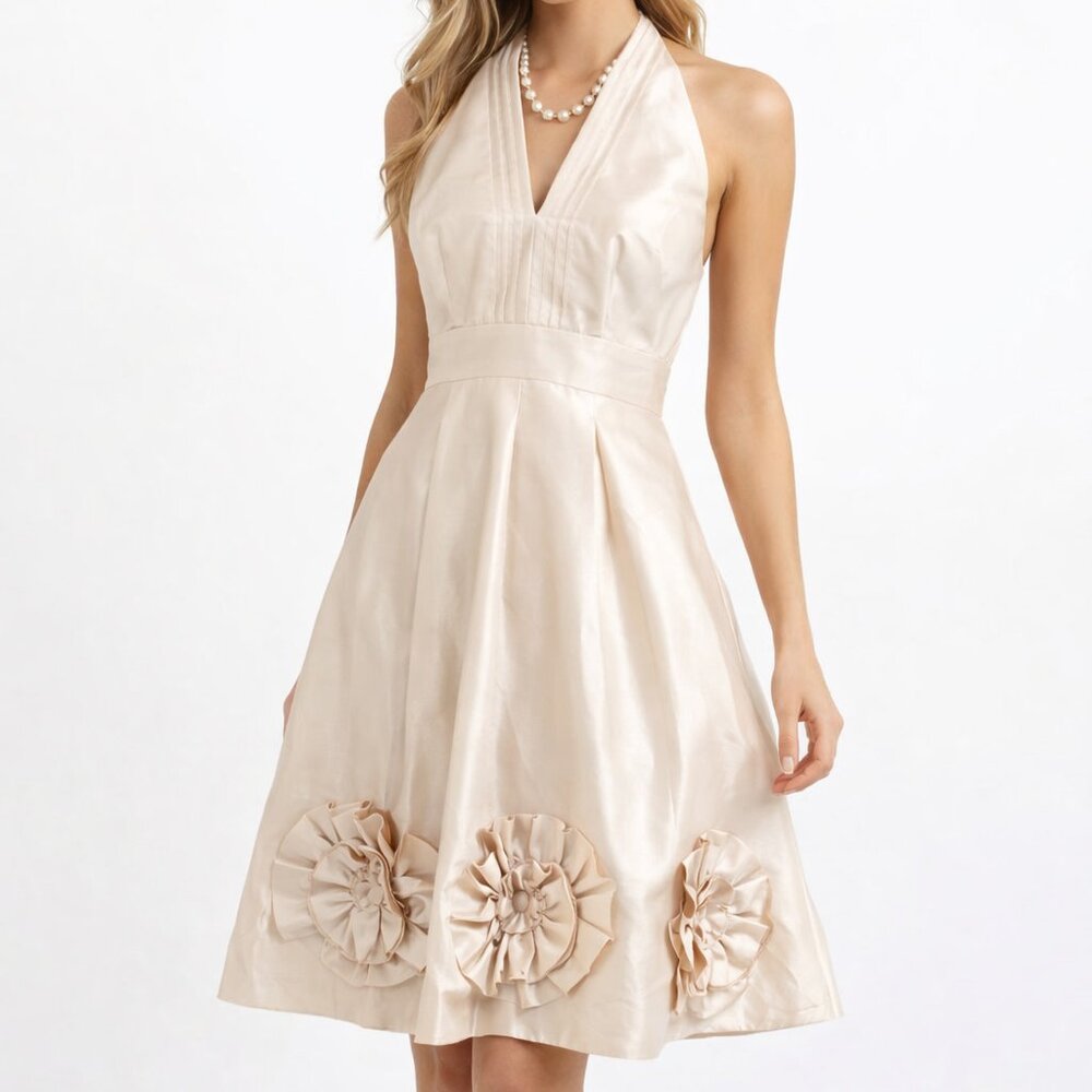 J. Taylor Cream Halter Backless Dress Satin Rosette Hem Size 6